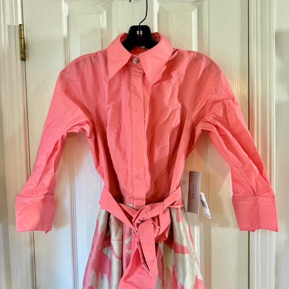 Teri Jon by Rickie Freeman Floral Taffeta Shirt Dress Gown Salmon Pink 4 - Picture 9 of 14